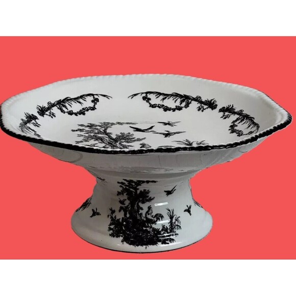 AUV2 Black & White French country Toile Centerpiece Pedestal Fruit Bowl - Picture 1 of 13